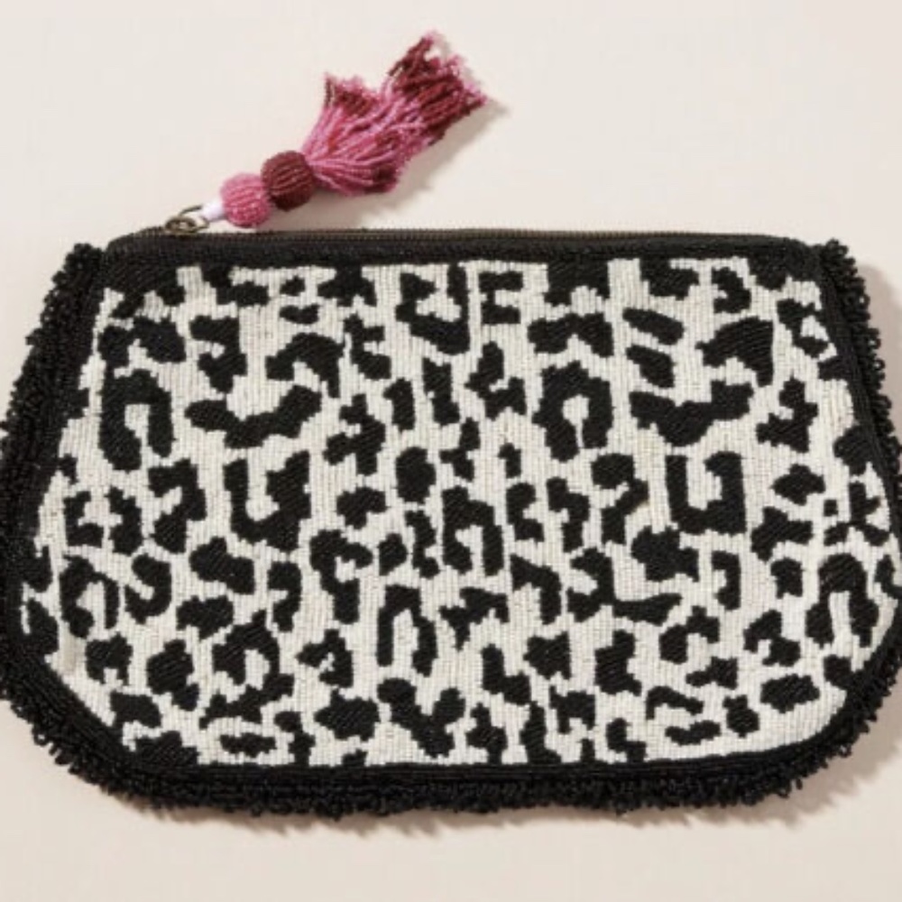 Anthropologie Harrison Beaded Embellished Pouch Clutch Purse Cheetah Leopard